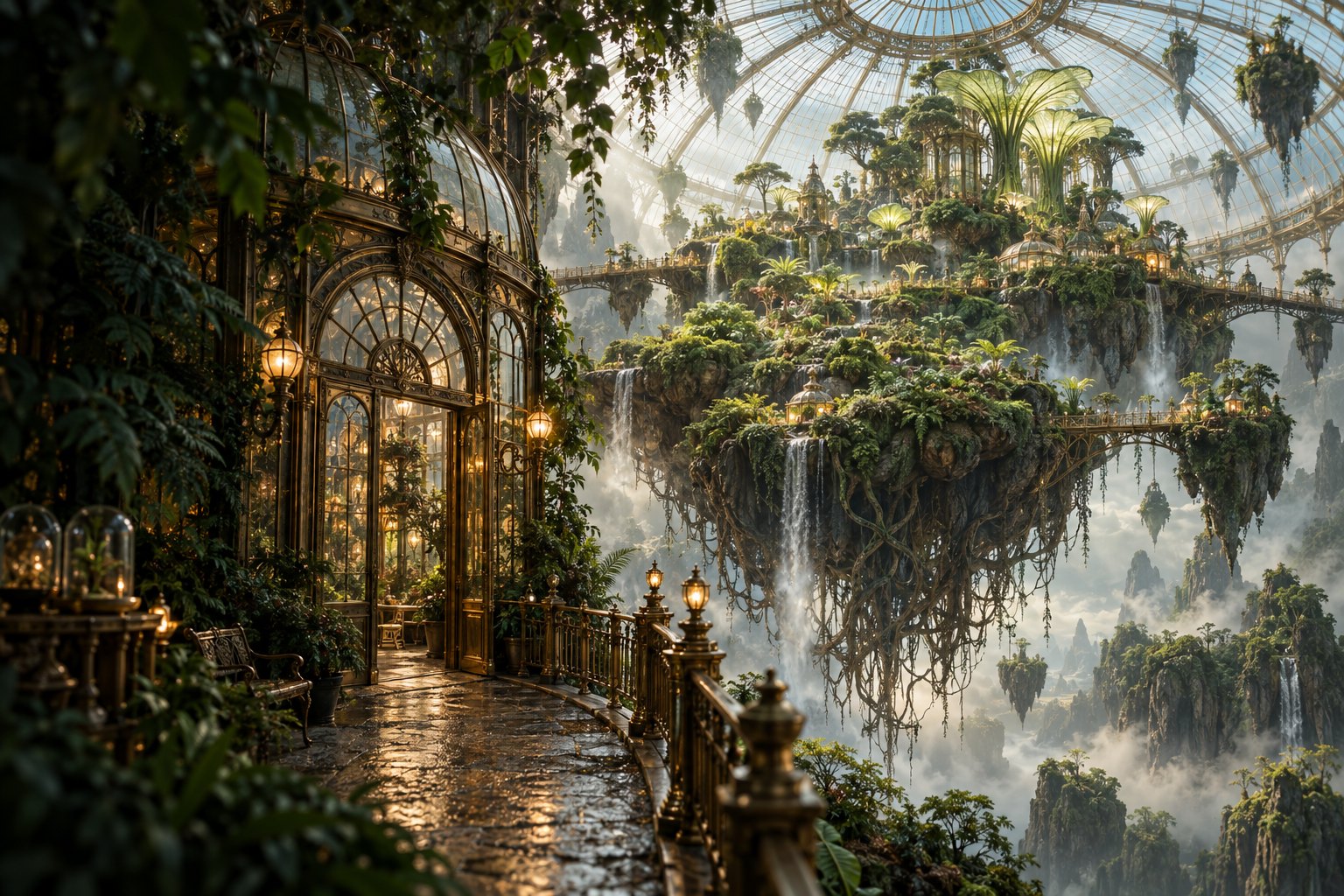 Imagined conservatory with floating botanical islands