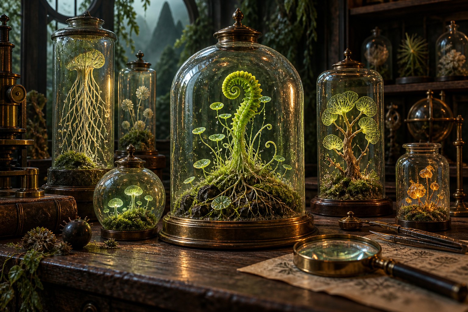 Imagined cabinet of luminous specimens and brass instruments
